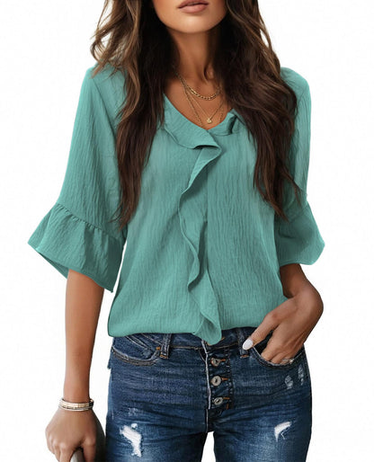 Ruffle V Neck 3/4 Sleeve Textured Blouse Top