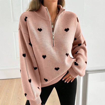 Women’s Heart Print Half Zip Wool Knit Sweater