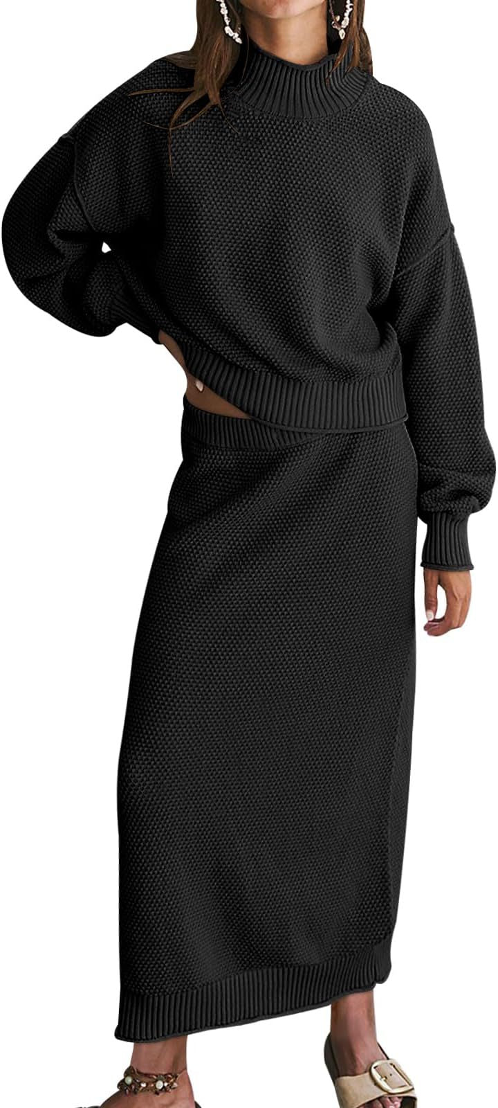 Women's Knit Two Piece Set Mock Neck Sweater Midi Skirt