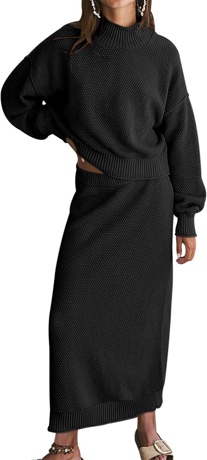 Women's Knit Two Piece Set Mock Neck Sweater Midi Skirt
