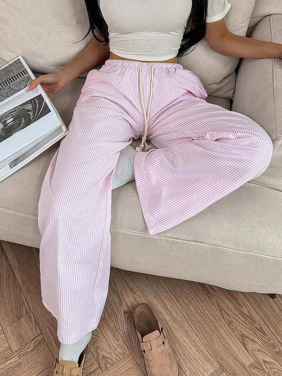 Womens Striped Wide Leg Pants Drawstring Casual Loose