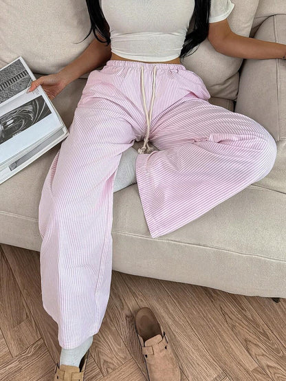 Womens Striped Wide Leg Pants Drawstring Casual Loose