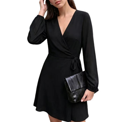 V-Neck Wrap Dress Long Puff Sleeve Tie Waist A-Line