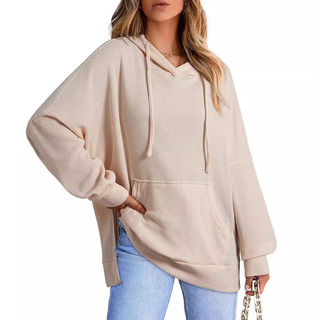 Women's Waffle Knit Hoodie Oversized Side Slit Pocket