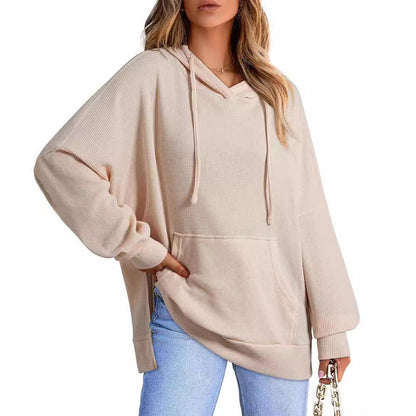Women's Waffle Knit Hoodie Oversized Side Slit Pocket