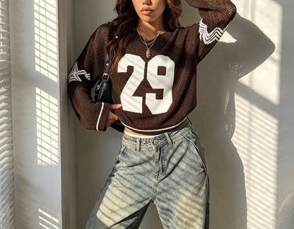 Women's Oversized Graphic Number Mesh Sweater Streetwear