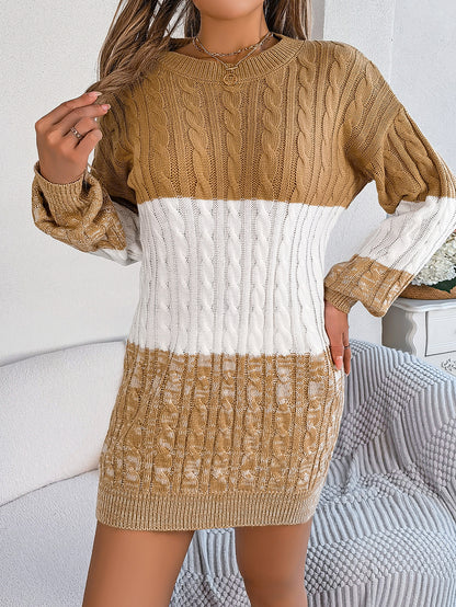 2025 Fall Winter Colorblock Cable Knit Lantern Sleeve Sweater Dress