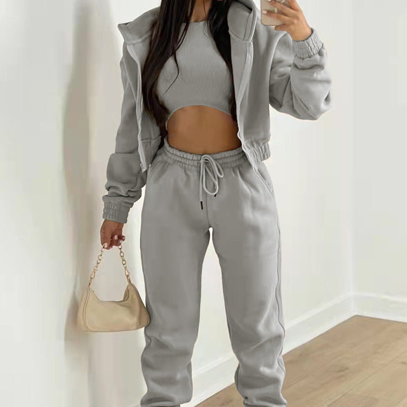 Women 3 Piece Hoodie Crop Top Jogger Pants Set