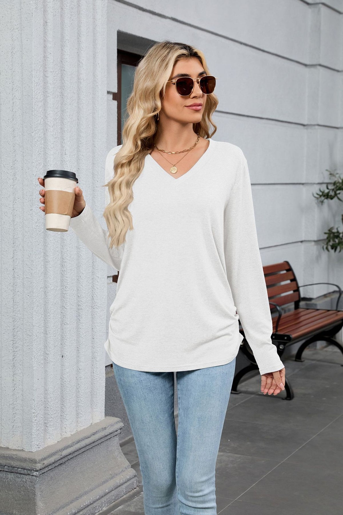 Women's V-Neck Long Sleeve Oversized Tunic Top Shirred