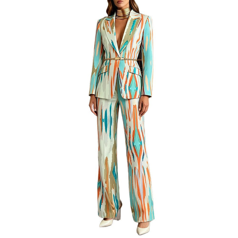Women's Colorful Printed Blazer & Pants Matching Set