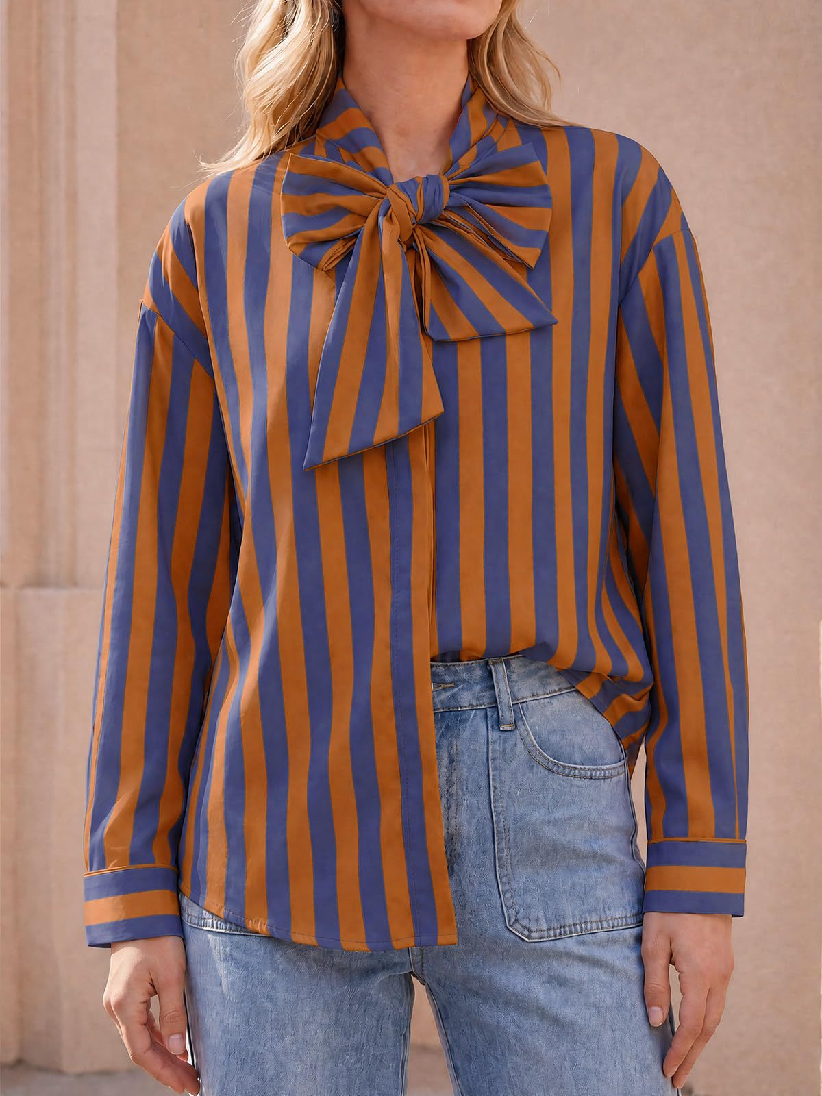 Women's Striped Tie Neck Long Sleeve Blouse Casual
