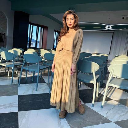 Women's Two Piece Pleated Maxi Skirt Set Long Sleeve