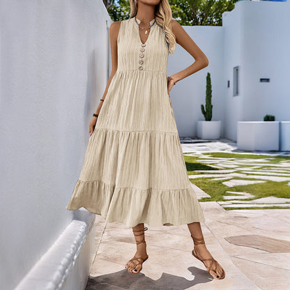 Sleeveless V Neck Button Front Tiered Midi Dress