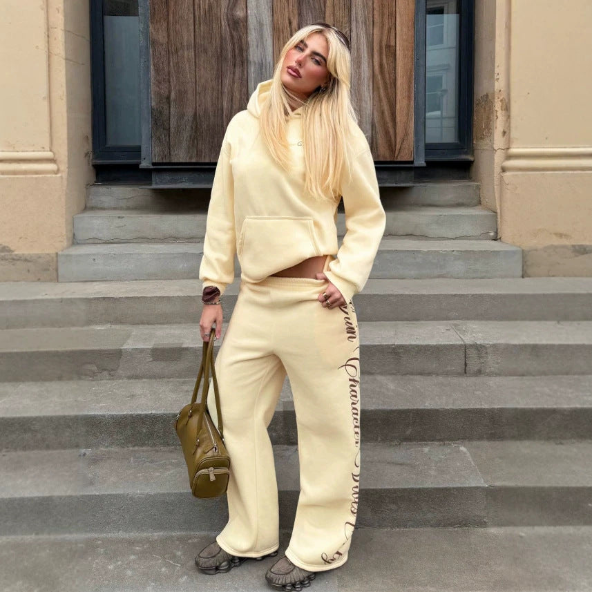 Embroidered Hoodie Lounge Set Wide Leg Sweatpants