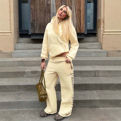 Embroidered Hoodie Lounge Set Wide Leg Sweatpants