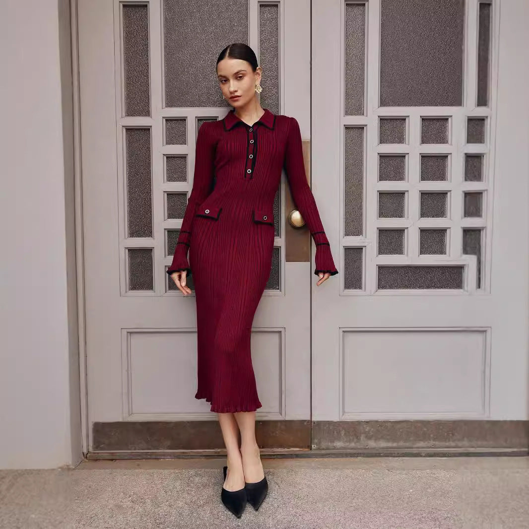 Contrast Trim Knit Maxi Dress Polo Collar Bell Sleeve