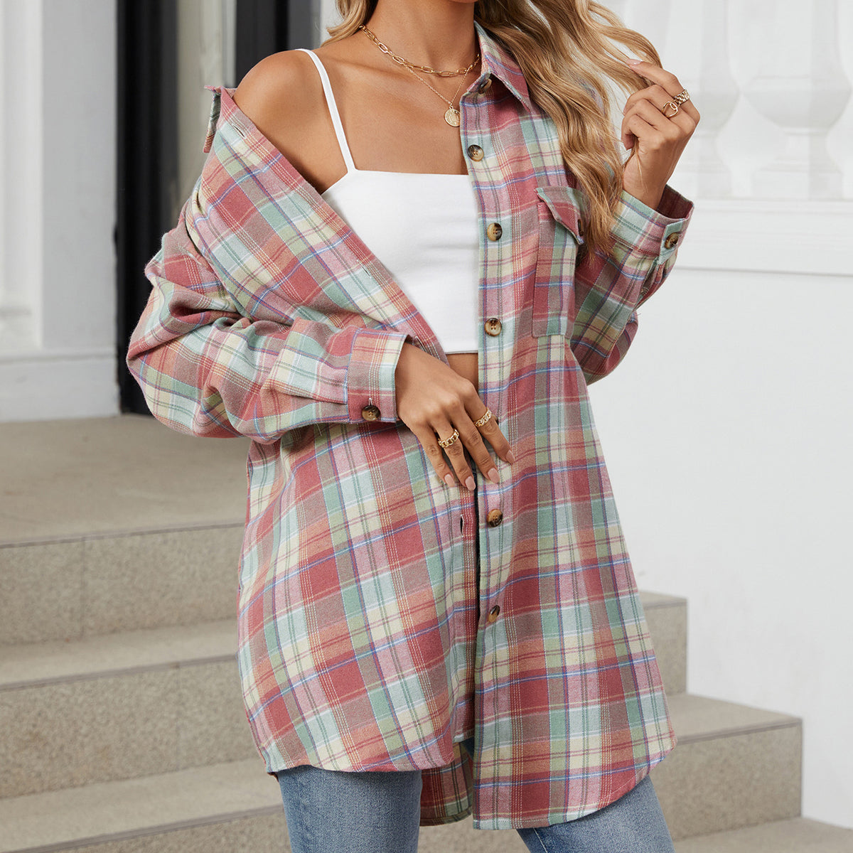 Women's Oversized Plaid Shacket Long Sleeve Button Up