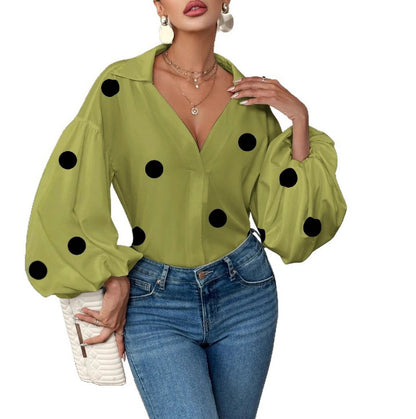Women's Polka Dot V-Neck Puff Sleeve Loose Blouse