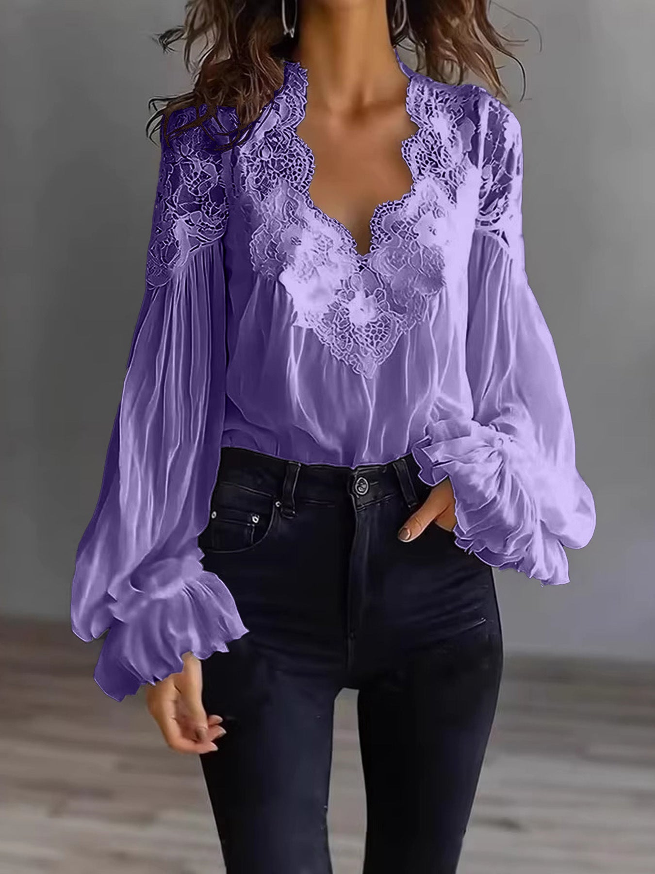 Embroidered Lace V Neck Balloon Sleeve Blouse