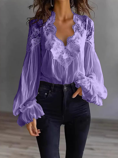 Embroidered Lace V Neck Balloon Sleeve Blouse