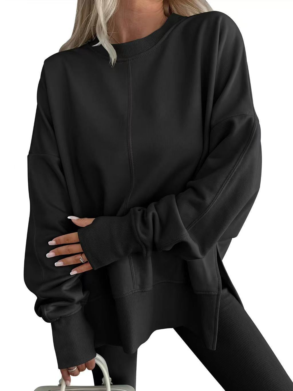 Oversized Crewneck Sweatshirt Batwing Side Slit Fleece