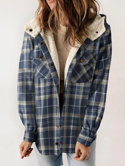 Women's Plaid Hooded Fleece Lined Wool Shacket