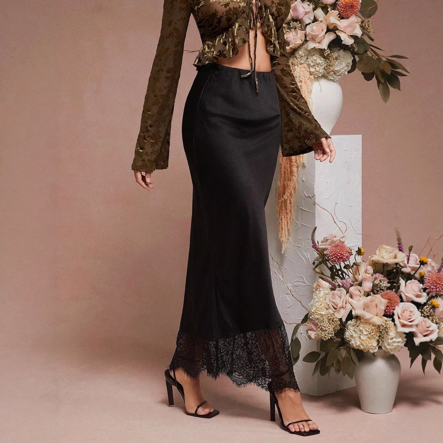 Acetate Satin Mermaid Skirt Lace Trim Mid-Length Elegant Dress