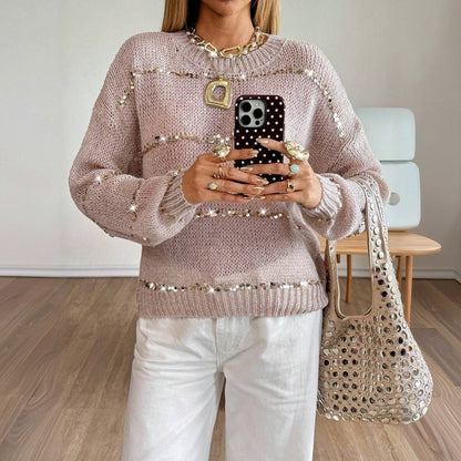 Women's Blush Sequin Crew Neck Oversized Fuzzy Sweater