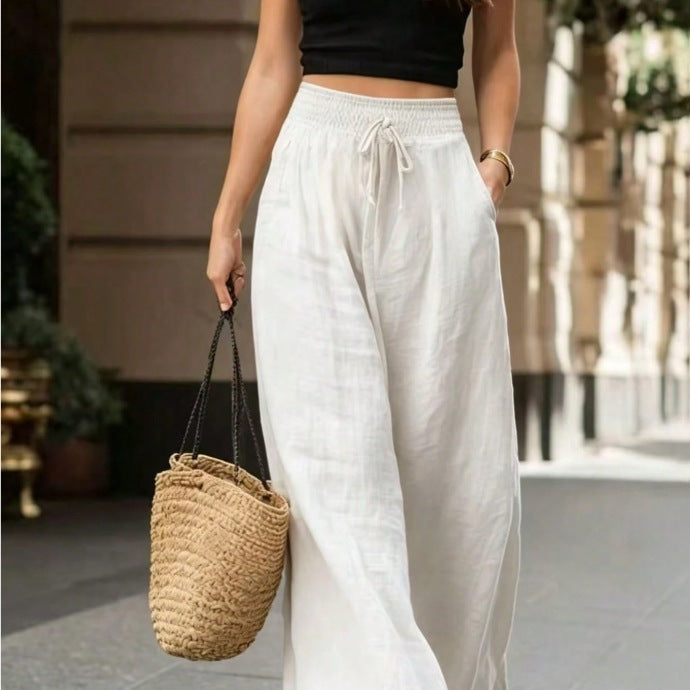 Women's Smocked High Waist Linen Blend Wide Leg Pants