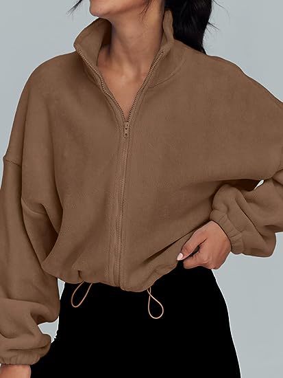 Womens Oversized Fleece Zip Up Jacket Stand Collar Cropped
