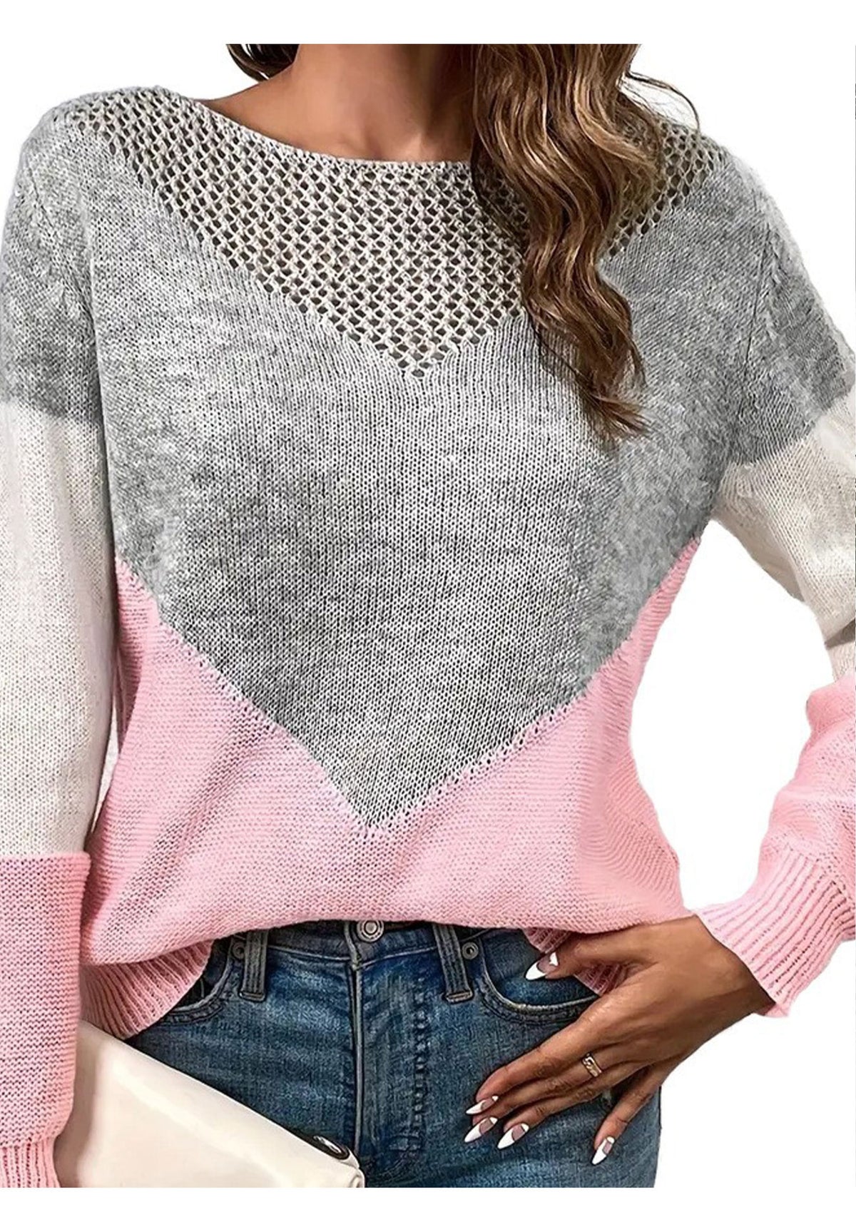 Colorblock Pointelle Crew Neck Long Sleeve Sweater