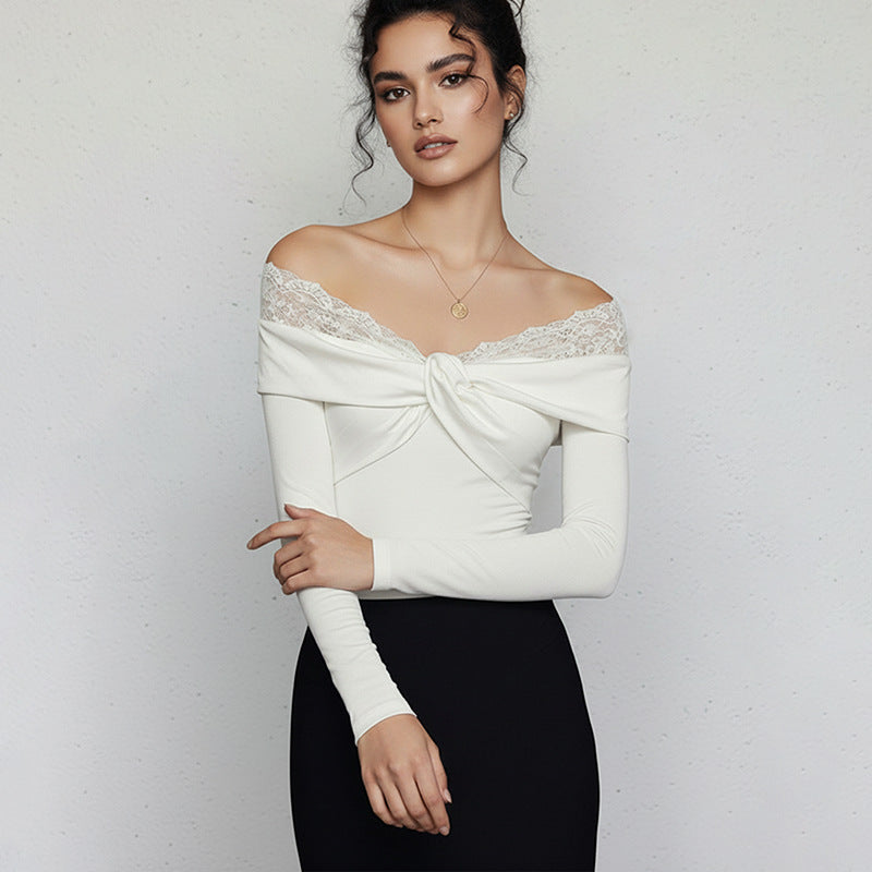 White Lace Off Shoulder Long Sleeve Bodysuit
