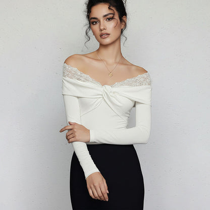 White Lace Off Shoulder Long Sleeve Bodysuit