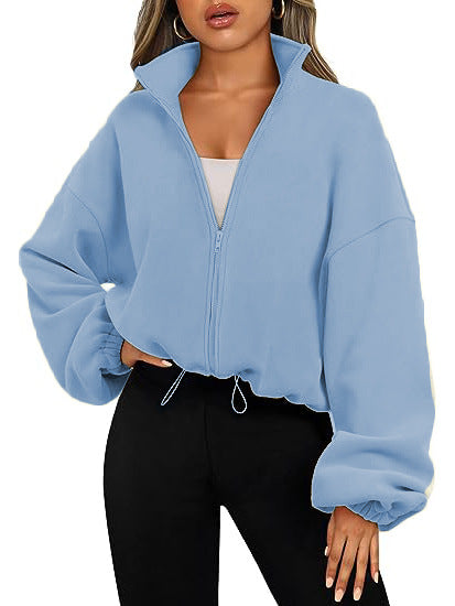 Womens Oversized Fleece Zip Up Jacket Stand Collar Cropped