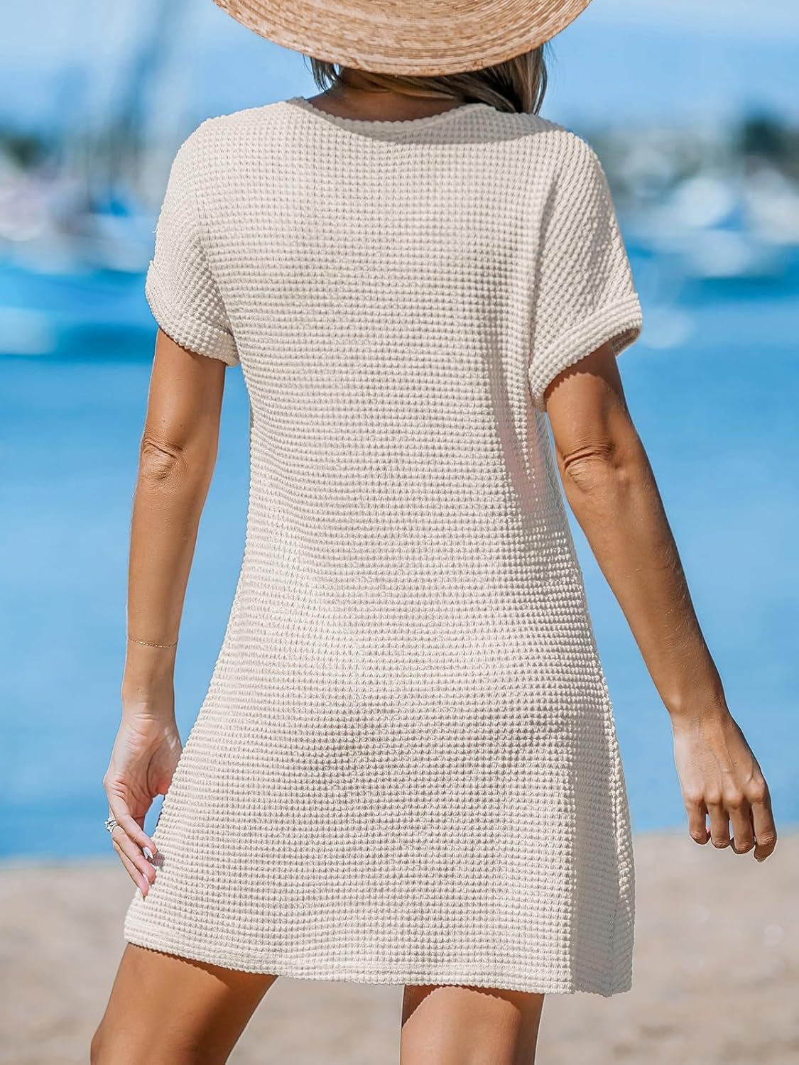Waffle Knit V-Neck Short Sleeve Beach Cover Up Dress