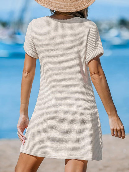 Waffle Knit V-Neck Short Sleeve Beach Cover Up Dress