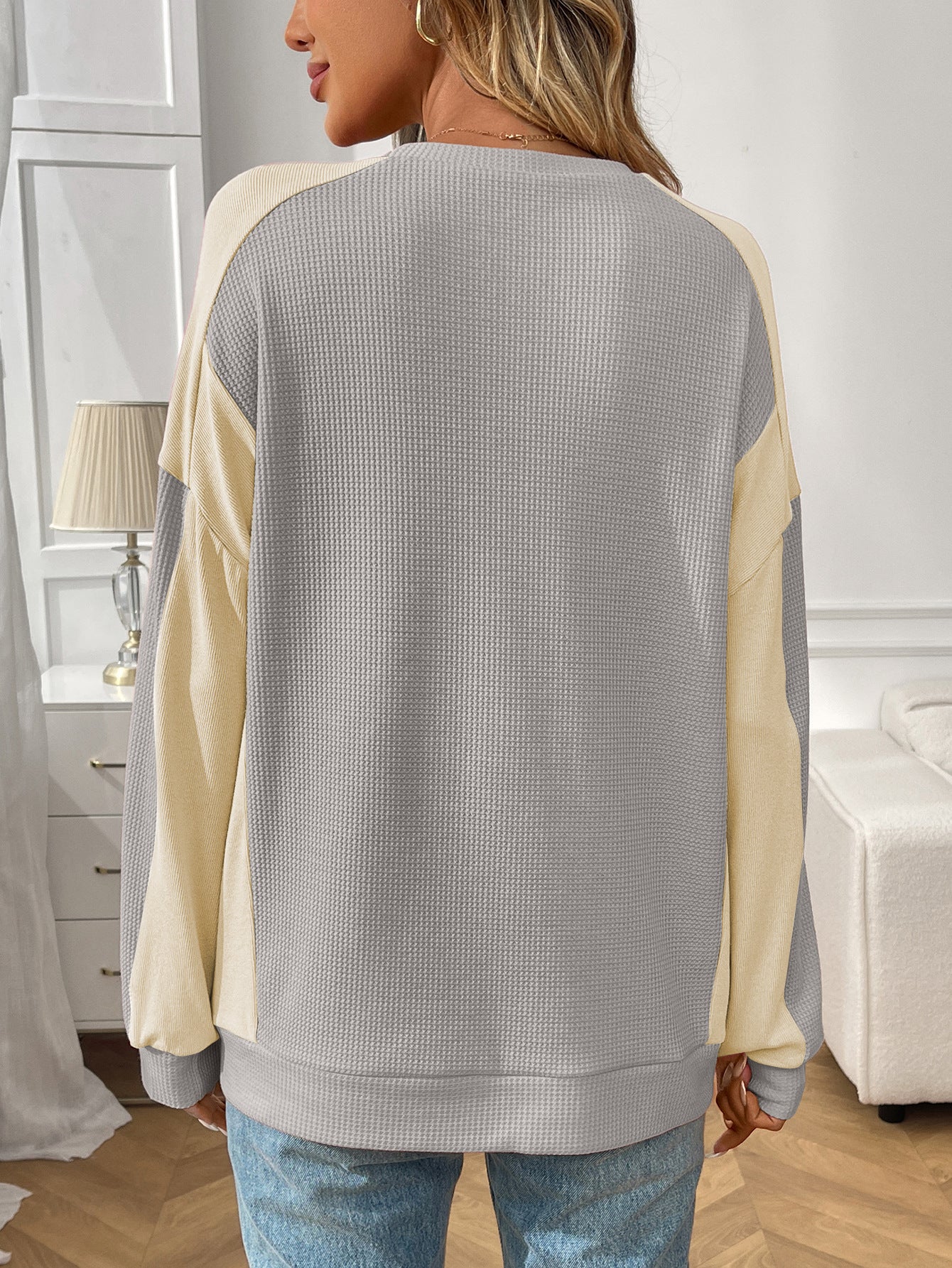 Color Block Waffle Knit Long Sleeve Pullover Top