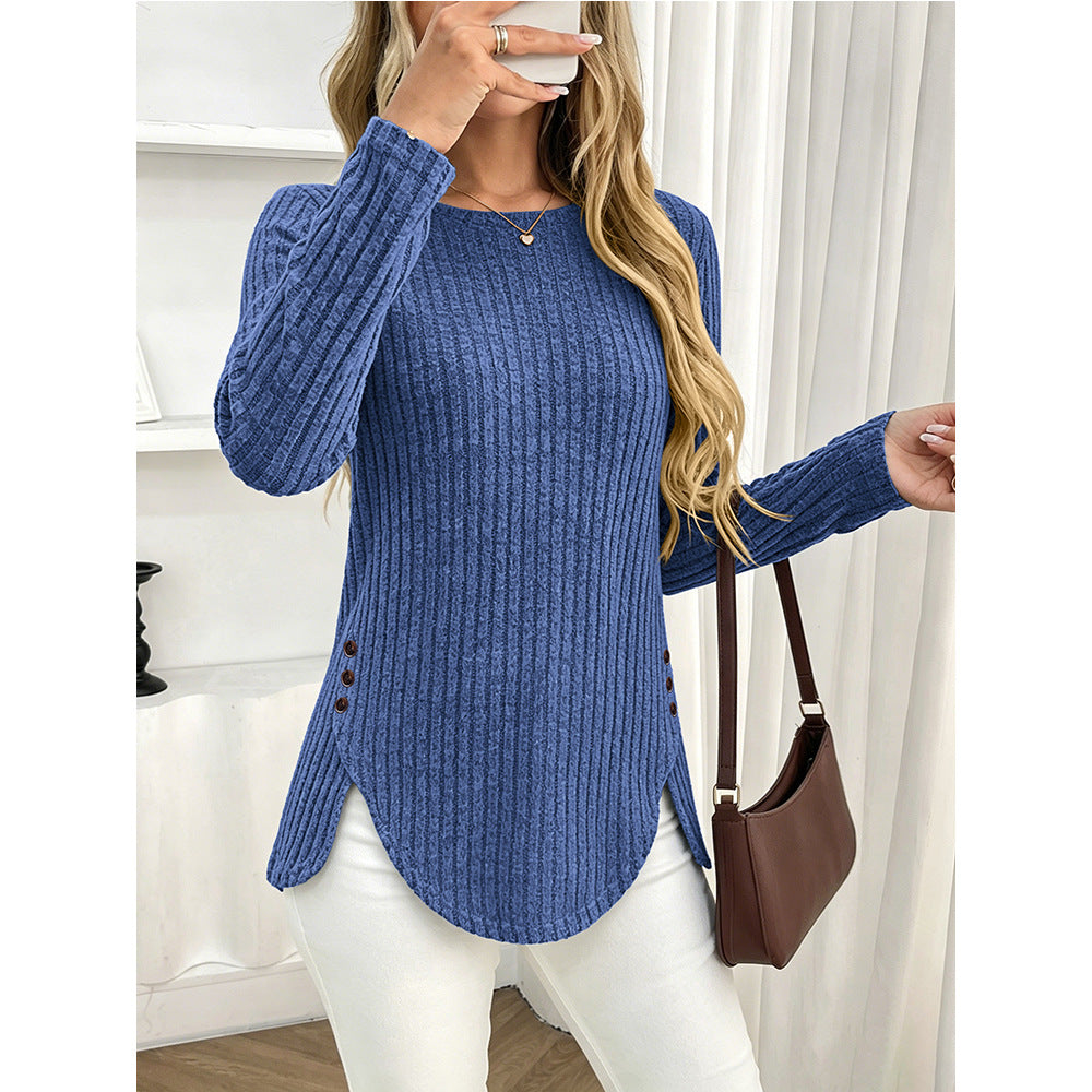 Ribbed Brushed Knit Button Side Long Sleeve Top