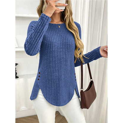 Ribbed Brushed Knit Button Side Long Sleeve Top