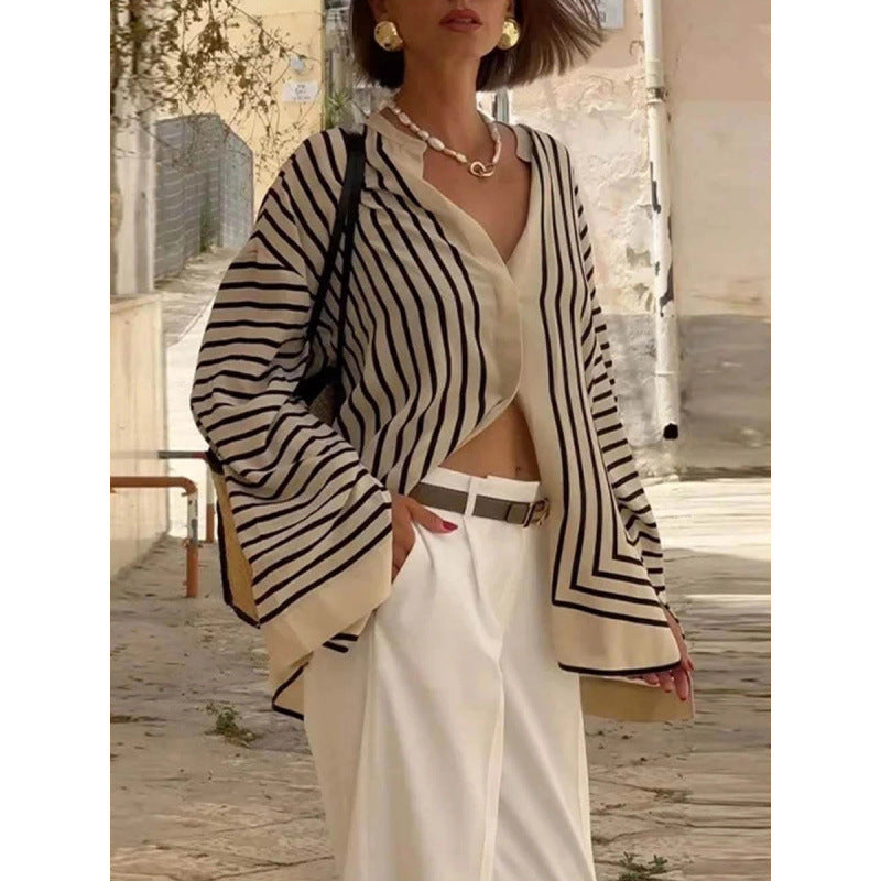 Women's Oversized Striped Long Sleeve Button Down Shirt