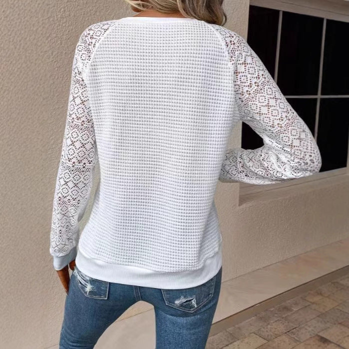 Lace Long Sleeve Crew Neck Hollow Out Knit Top