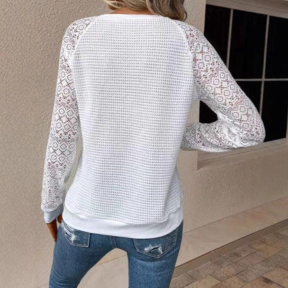 Lace Long Sleeve Crew Neck Hollow Out Knit Top