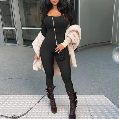 Womens Ribbed Square Neck Bodycon Long Sleeve Jumpsuit