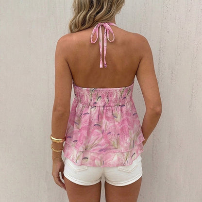 Floral Halter Chiffon Top Backless Layered Summer Vacation Pink