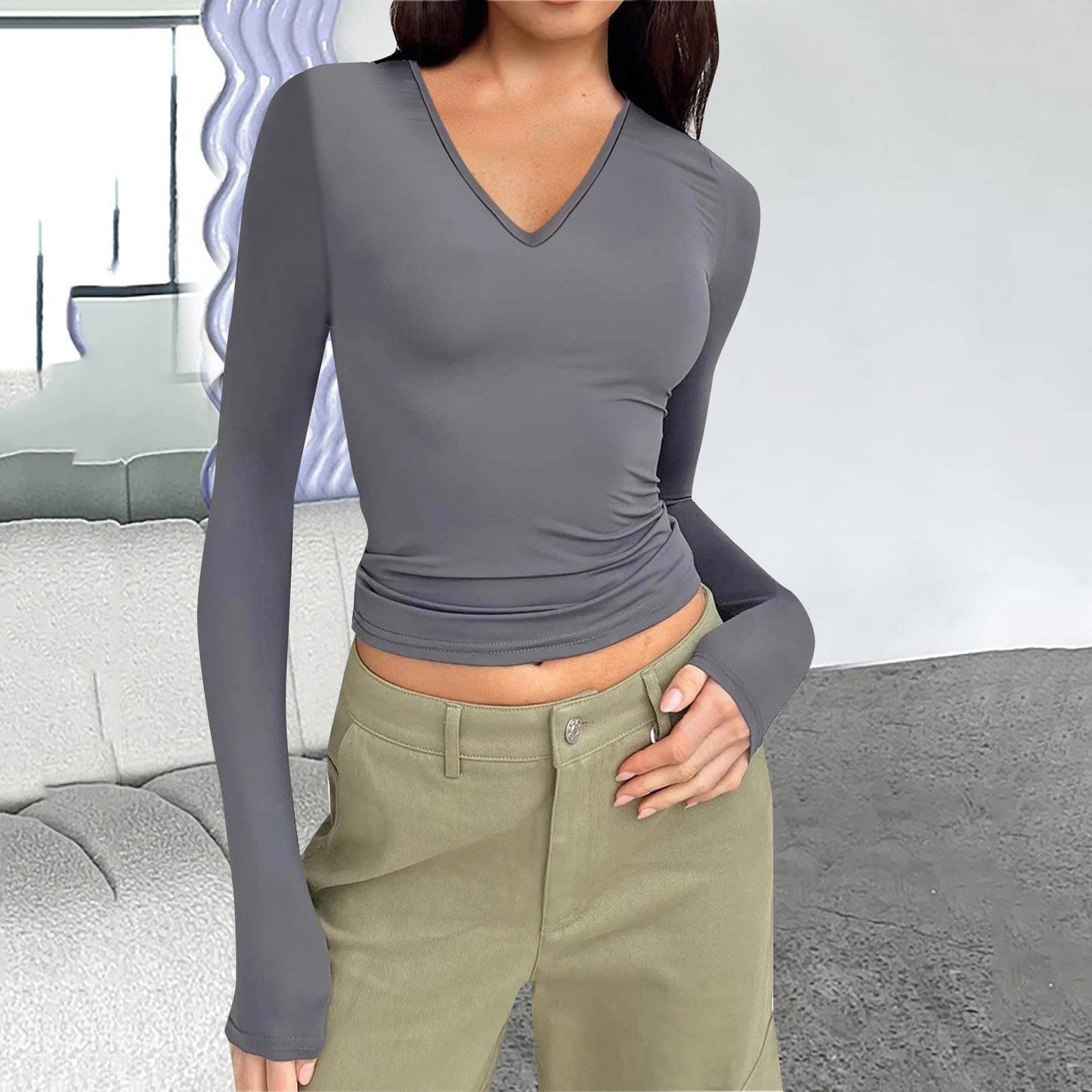 Women's V-Neck Long Sleeve Slim Fit Basic Top