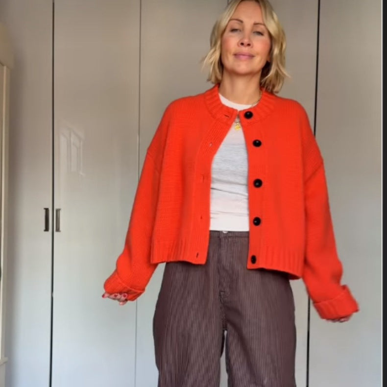 Women's Cropped Cardigan Button Front Orange Knit Sweater