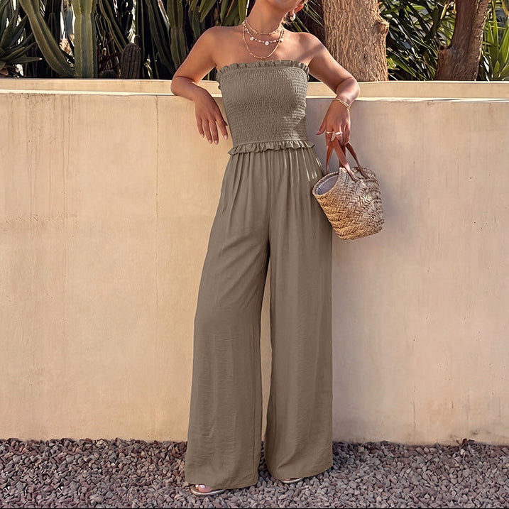Smocked Strapless Wide Leg Jumpsuit Casual Resort Outfit