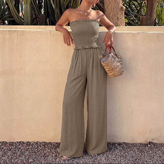 Smocked Strapless Wide Leg Jumpsuit Casual Resort Outfit