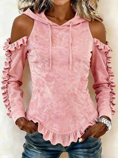 Women's Cold Shoulder Ruffle Long Sleeve Drawstring Hoodie