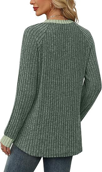 Women's Soft Ribbed Contrast Trim Long Sleeve Crew Neck Top